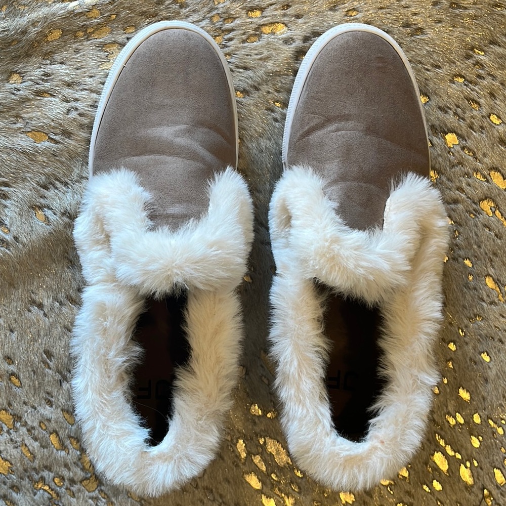 Faux fur, women’s size 12 slip on shoes.
